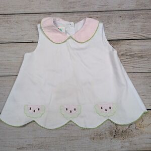 Shrimp & Grits  Watermelon ‎ White Dress Girls 3T seersucker scallop back